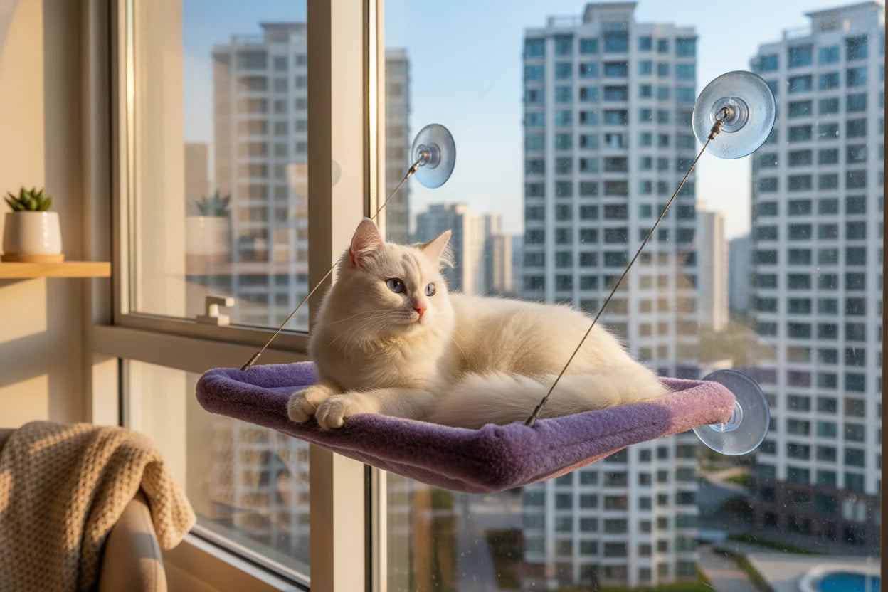 White fluffy cat relaxing on a window-mounted hammock bed with a city view – BennyPet cat window perch