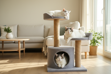 The image shows two fluffy white and gray cats relaxing on a modern cat tree inside a cozy, well-lit living room. The cat tree is covered in soft gray fabric with multiple levels — including a bottom hideaway cubby, curved climbing platforms, a scratching post wrapped in rope, and a top perch. One cat is lounging at the top, looking relaxed, while the other is resting near the base. The room has light-colored furniture, wooden flooring, and natural sunlight streaming through a nearby window, creating a warm
